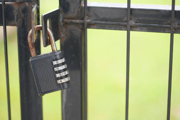 Silver padlock and latch with spiderweb
