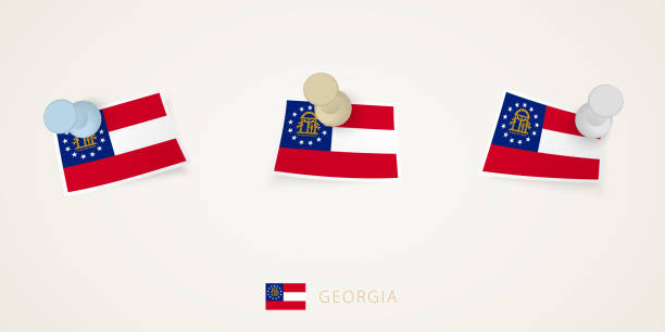 뒤틀린 모서리가있는 다양한 모양으로 조지아의 깃발을 고정했습니다. 벡터는 위쪽 보기를 푸시핀합니다. - us state department 이미지 stock illustrations