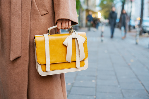 Closeup of a woman's purse on the city street