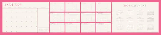 Vector illustration of Cute and elegant pink 2023 calendar template. Vector planner calendar with notes and place for schedule. Minimal modern organizer for desktop or wall.