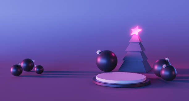istock Baubles and minimalist Christmas tree with neon star 1440202232