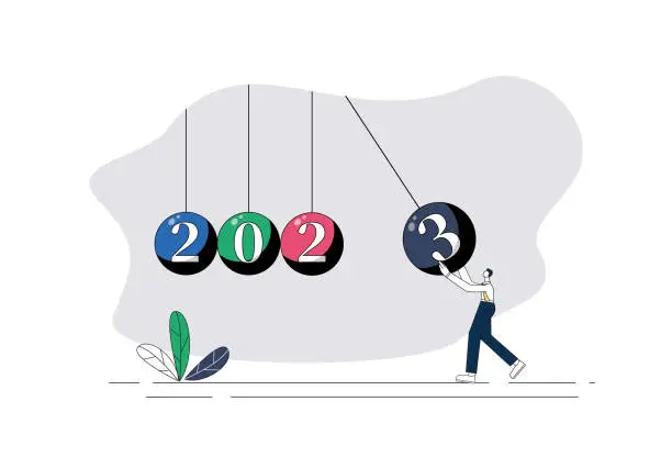 Vector illustration of In 2023, white-collar workers push the pendulum.