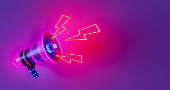 3D panorama of bright loudspeaker with neon lightning bolts making announcement against violet background