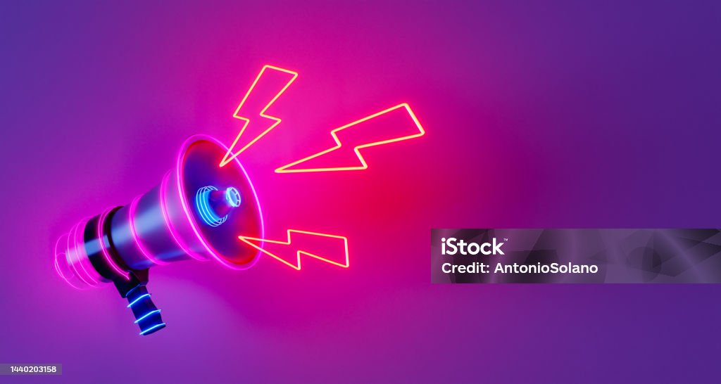 Neon megaphone with lightning bolts 3D panorama of bright loudspeaker with neon lightning bolts making announcement against violet background Megaphone Stock Photo