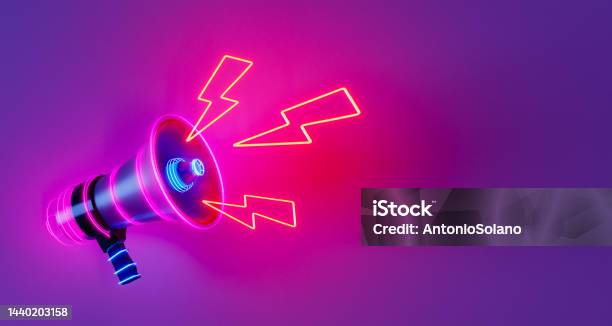Neon Megaphone With Lightning Bolts Stock Photo - Download Image Now - Megaphone, The Media, Neon Lighting
