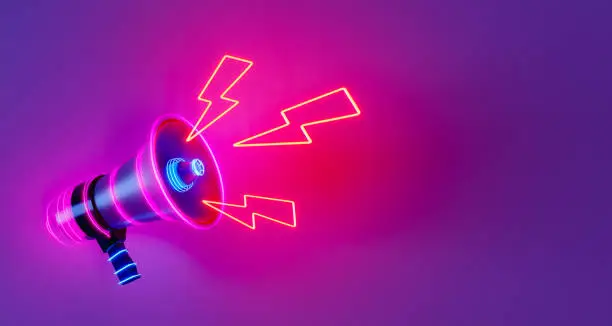 3D panorama of bright loudspeaker with neon lightning bolts making announcement against violet background