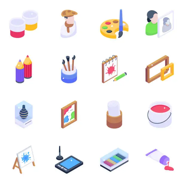 Vector illustration of Collection of Art and Craft Isometric Icons