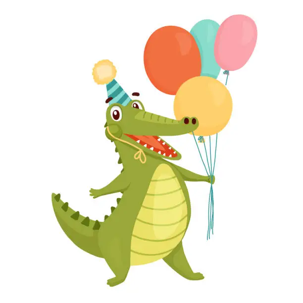 Vector illustration of Funny crocodile in cap holds balloons and laughs. Vector animal character for birthday card isolated on white background