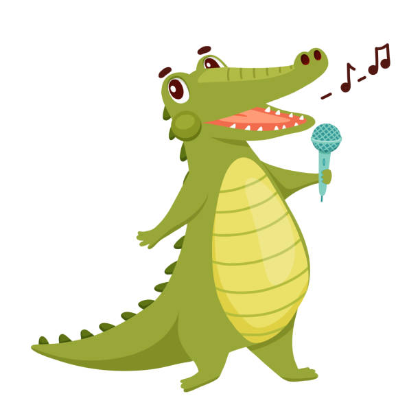 istock Cute Crocodile is singer. Funny Alligator with microphone isolated on white. Cartoon Vector Illustration Animal Character singing song 1440206136