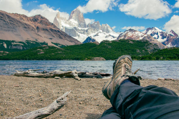 trip to el chalten, argentina, trekking, mountains, lake. Fitz Roy stock photo