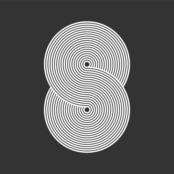 Striped lines in a shape of a number 8. White Celtic knot pattern on a black background. Infinity loop. Endless, eternal ancient symbol. Visual effect, op art. Vector illustration, line art, clip art. perpetual motion stock illustrations