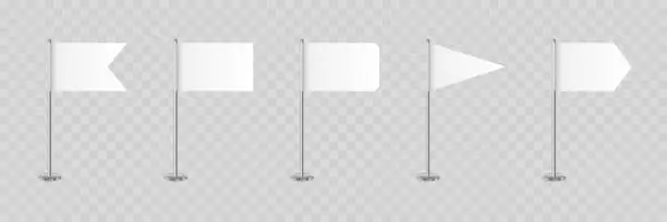 Vector illustration of Realistic table flags. Blank banners various shape on steel pole. Table flags for promotion, dvertising and decoration. Vector illustration.