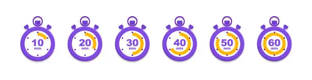 Vector illustration of Set of timer, stopwatch and clock icons. Countdown timer. Stopwatch vector icons 10, 20, 40, 50, 60 minutes. Vector illustration.