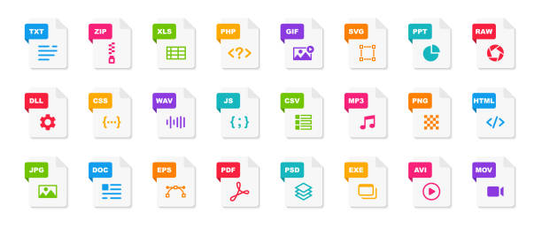 File type icons. File formats in flat design. File and documents extensions. Icons for ui. Vector illustration. File type icons. File formats in flat design. File and documents extensions. Icons for ui. Vector illustration. toronto international film festival stock illustrations