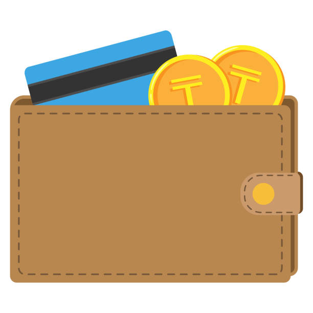 dompet dengan koin tenge dan kartu kredit. ilustrasi vektor datar - slot pulsa tanpa potongan ilustrasi stok