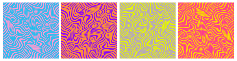 Psychedelic Seamless Patterns with Colorful Swirl Waves. Trippy Vector Texture. Groovy Vintage Backgrounds.