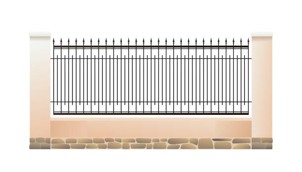 istock Wrought iron fence with plastered brick pillars and stone foundation. Isolated on white background Vector. 1440211396