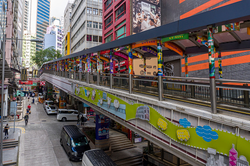 Hong Kong - June 27 2020 : The Central-Mid-Levels Escalators and walkway system, Central