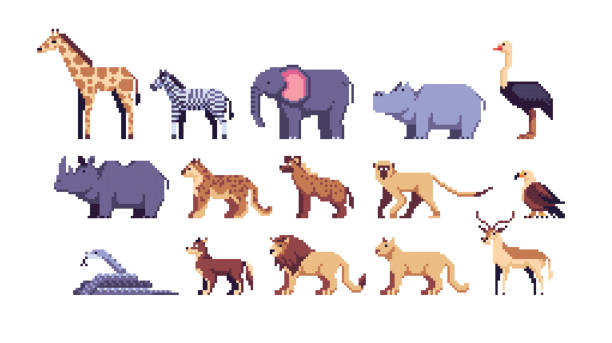 ilustrações, clipart, desenhos animados e ícones de conjunto de pixels de animais africanos. coleção de animais selvagens do safari. espécies de savana. - tiger lion leopard cartoon