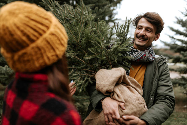 istock Happy couple having fun while carrying their new Christmas three 1440212896