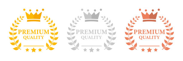 premium-qualitätslabel. flache vektorabzeichen von bester qualität. premium-ikone mit krone und sternen. vektordarstellung. rundes etikett mit dreistufiger qualität. vip-symbol im flachen stil - medal platinum gold silver stock-grafiken, -clipart, -cartoons und -symbole