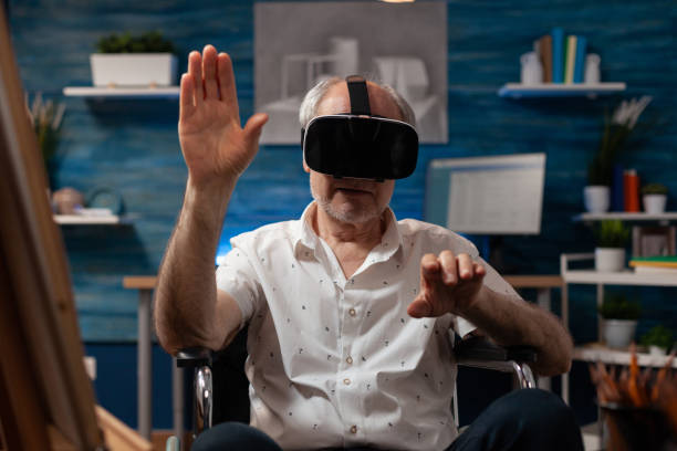 istock Portrait of elderly man improving freehand drawing technique using vr glasses 1440216892