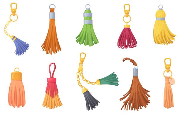 Leather tassels. Tassel fringe for women handbag or jewelry, decorative trim of bag, hanger charm trinkets fur keyring fashion brush chain zipper pendant, neat vector illustration Leather tassels. Tassel fringe for women handbag or jewelry, decorative trim of bag, hanger charm trinkets fur keyring fashion brush chain zipper pendant, neat vector illustration of leather tassel leather clasp stock illustrations