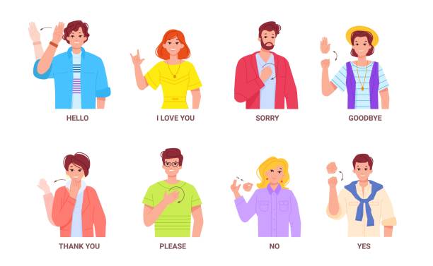 Basic deaf signs. Deaf-mute sign language symbol, articulated gestures for conversation deafness mute people goodbye hello thank you Basic deaf signs. Deaf-mute sign language symbol, articulated gestures for conversation deafness mute people goodbye hello thank you speak articulations, swanky vector illustration american sign language stock illustrations