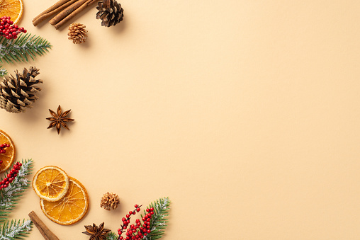Christmas Day concept. Top view photo of spruce branches in hoarfrost mistletoe berries dried orange slices pine cones and cinnamon sticks on isolated beige background with copyspace