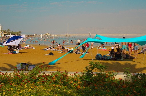 Israel Dead sea Ein Bobek. november 2022. Resort public beach and people swimming. in a salt lake. Wellness holiday - Israeli health resort