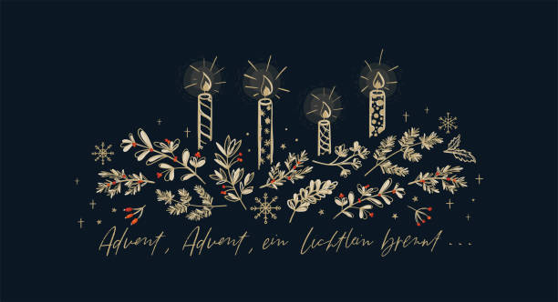 ilustrações de stock, clip art, desenhos animados e ícones de cute hand drawn candles and german text saying "advent, advent, a little light is burning" - great for banners, wallpapers, cards, invitations - vector design - advento