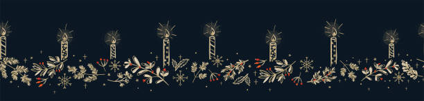 バナー、壁紙に最適な、輝きと雪片を持つかわいい手描きのクリスマスキャンドル – ベクター画像デザイン - christmas candle wreath backgrounds点のイラスト素材／クリップアート素材／マンガ素材／アイコン素材