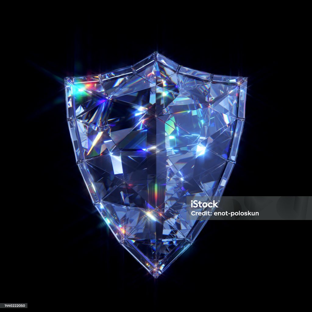 Diamond shield Crystal shield on black background Diamond - Gemstone Stock Photo