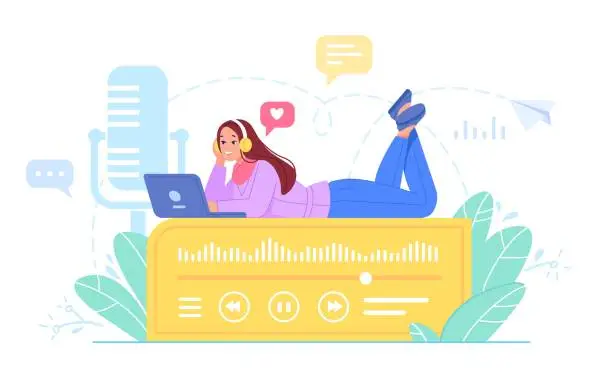 Vector illustration of Podcast listener concept. Woman in headphones listen microphone record of audio podcasting or radio hosting, listening music voice business web training online, vector illustration