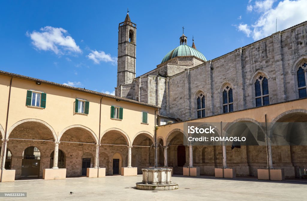 Major Cloister of St. Francis in Ascoli Piceno, Marche Italy Cloister behind medieval Church of Saint Francis Arch - Architectural Feature Stock Photo
