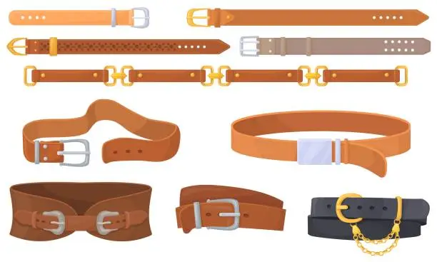 Vector illustration of Leather straps. Cartoon belts with unbutton metal buckles, leathers horizontal strip, fashion belt for clothes waist decoration lock golden chain clasp, neat vector illustration