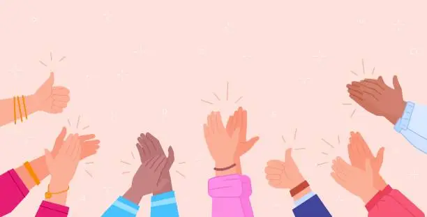 Vector illustration of Hands ovation. Applaud hand people acclaim congratulate human respect success triumph concept, crowd good clapping in palms cheer audience person claps, swanky vector illustration