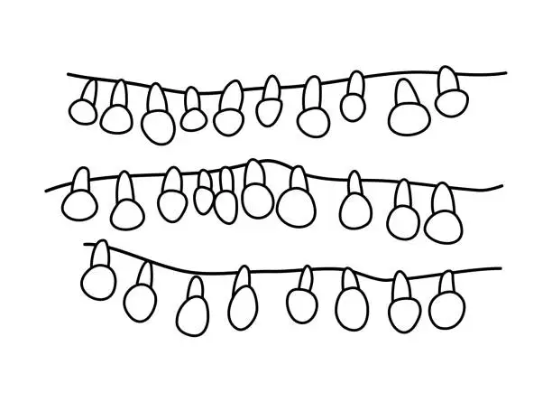 Vector illustration of A minimalist line illustration of hanging garlands in three rows. Vector art. Doodle. For decoration, greeting cards, designs. Celebration concept