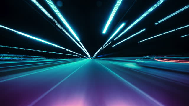 The Car Driving On The Night City Road Hyperlapse. Fast Speed City Drive Timelapse