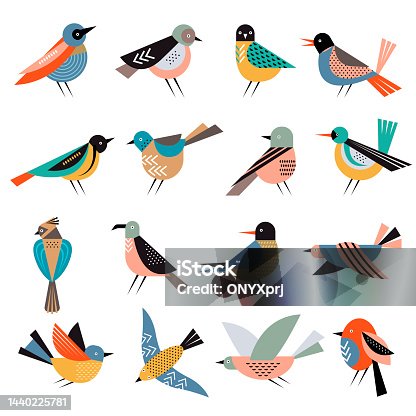 istock Geometrical birds. Abstract stylized shapes of freedom flying bird in various action poses recent vector illustrations 1440225781