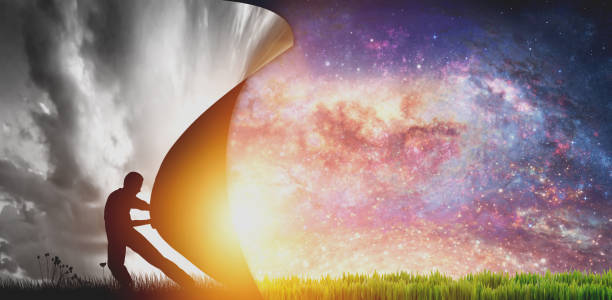 istock Man pulling curtain to change the world for new better and leave the dark past 1440227278