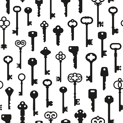 Key seamless pattern. Vintage modern black keys. House lock symbols, real estate or construction background. Secret metaphor tidy vector print of pattern background decoration illustration