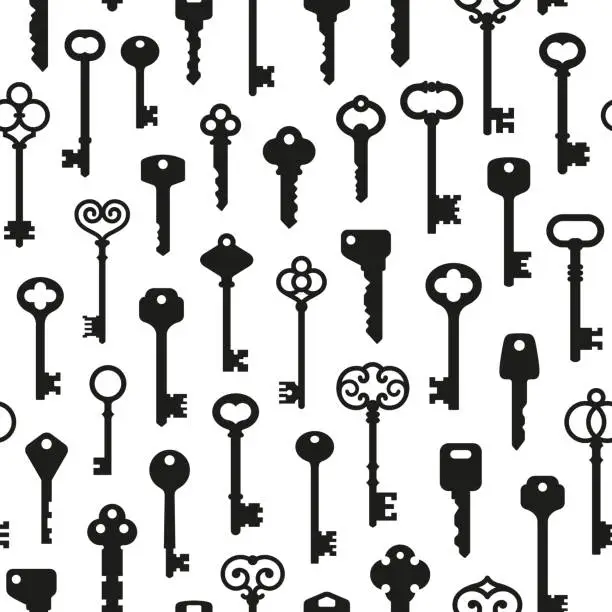 Vector illustration of Key seamless pattern. Vintage modern black keys. House lock symbols, real estate or construction background. Secret metaphor tidy vector print