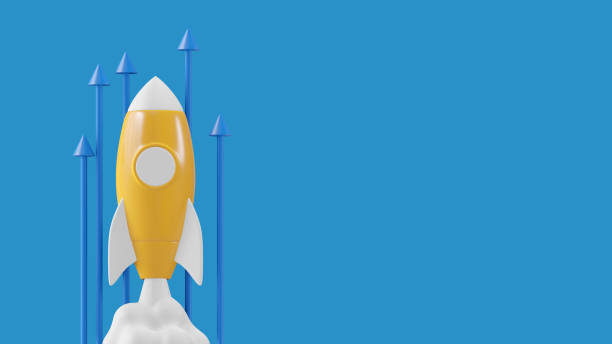 istock Concept rocket fly clouds rising with arrows going up, personal and career development, light blue background. Concept of fast growth and boost. Mockup copy space, 3D render 1440228695