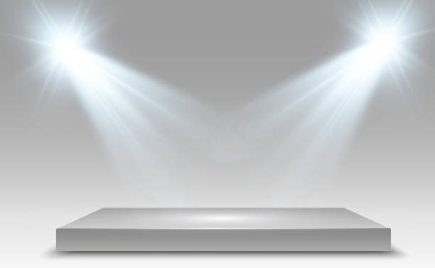 istock Podium, pedestal or platform, illuminated by spotlights in the background. Vector illustration. Bright light. Light from above. Advertising place 1440228718