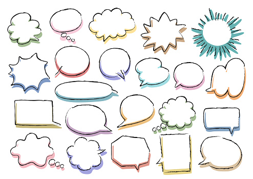 Speech bubbles collection. Hand drawn wind comic speech bubbles with colorful shadow. Vector illustration.