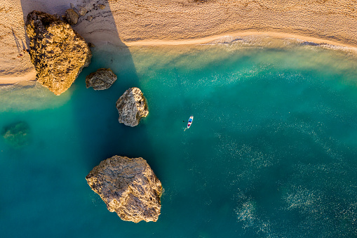 Golden hour aerial landscape of beautiful beach in Lefkada