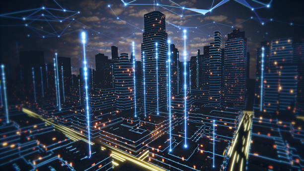 istock Concept Smart city and abstract line and dot connect with gradient line design, big data connection technology concept. dark data visualisation glowing city. plexus sky. 3d render 1440232797