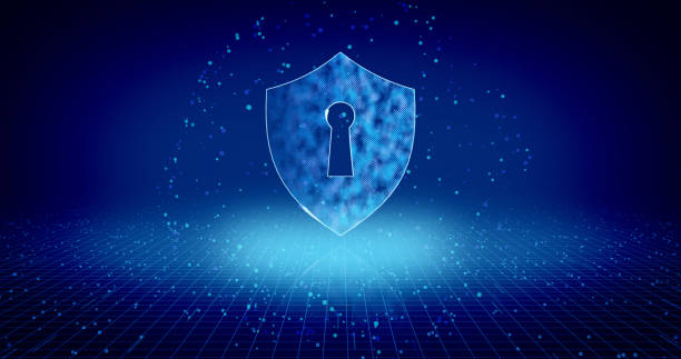 istock Concept data are safe. Cyber security, computer protection, and internet safety symbol on digital background. 3D hologram with padlock sign, code, and glow effect. Abstract concept animation. 1440232808