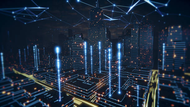 istock Concept Smart city and abstract line and dot connect with gradient line design, big data connection technology concept. dark data visualisation glowing city. plexus sky. 3d render 1440232812